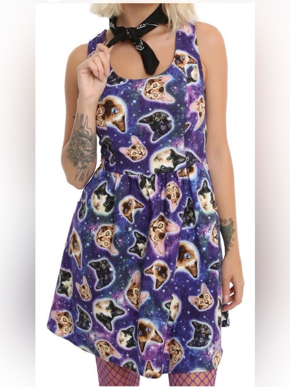 Retrolicious Galaxy Cat Print Dress S Space Cats Fit & Flare Lace Up Back Kawaii